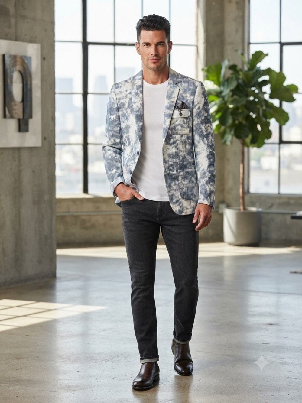 New mondo blue pattern blazer 2 button jacket sz M